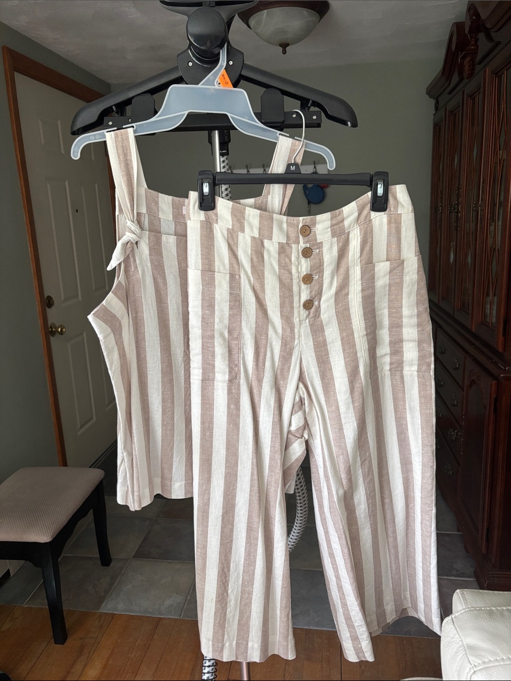 LC Lauren Conrad Taupe and White Vertical-Stripe Wide-Leg Pants